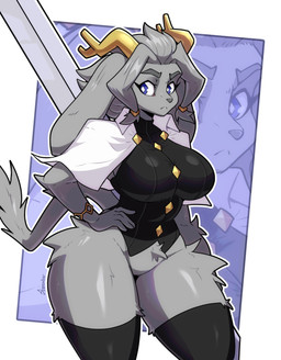 anthro antlers arm_tuft big_breasts black_clothing black_latex black_legwear black_thigh_highs blue_eyes bottomless bottomless_anthro breasts button_(fastener) cape clothed clothing dream_breaker_(pseudoregalia) elbow_tuft featureless_crotch female floppy_ears gold_(metal) gold_jewelry golden_antlers grey_body hand_on_hip horn jewelry latex latex_clothing latex_legwear latex_thigh_highs leg_tuft legwear pupils solo tail thick_thighs thigh_highs thigh_tuft topwear tuft unusual_pupils vest weapon wide_hips sozokuu pseudoregalia sybil_(pseudoregalia) bovid caprine felid feline goat hybrid lagomorph leporid mammal rabbit 2025 absurd_res digital_drawing_(artwork) digital_media_(artwork) hi_res