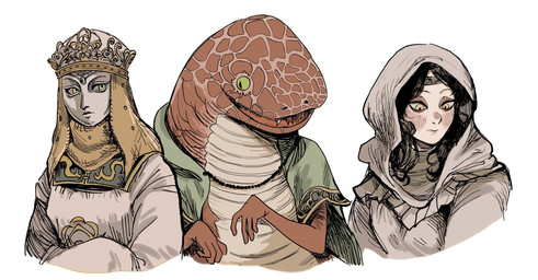 4_fingers accessory anthro arms_bent biped black_hair cape cape_only cloak clothed clothing crown fangs female fingers forked_tongue green_cape green_clothing green_eyes group hair headband headdress headgear hood hooded_cloak long_hair long_neck mostly_nude nude open_mouth orange_body orange_scales pupils scales semi-anthro sharp_teeth simple_background slit_pupils snout straight_hair tan_cloak tan_clothing tan_dress teeth tongue trio ventral_scales white_background yellow_eyes komemerda elden_ring fromsoftware zorayas human legged_snake mammal manserpent reptile scalie snake 2024 bust_portrait cel_shading colored digital_drawing_(artwork) digital_media_(artwork) hi_res line_art portrait shaded