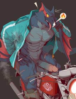 abs anthro balls biceps big_penis black_body black_fur bodily_fluids bottomless cellphone claws clothed clothing drooling electronics erection exhaust exhaust_pipe exhaust_smoke fur genitals glans holding_object humanoid_genitalia humanoid_penis jacket male male_anthro motorcycle muscular muscular_male navel nipples pecs penis phone saliva serratus smartphone solo tail tongue tongue_out topwear vehicle vein veiny_penis wings ggan_ggandi capcom european_mythology monster_hunter mythology dragon flying_wyvern mythological_creature mythological_scalie nargacuga scalie western_dragon wyvern absurd_res hi_res