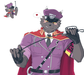 accessory anthro black_necktie brown_body brown_fur cape clothing fingerless_gloves fur gloves grin hair handwear hat headgear headwear holding_object holding_whip jacket looking_at_viewer male military_cap military_uniform necktie purple_clothing purple_jacket purple_topwear red_cape red_clothing red_eyes sharp_teeth shirt smile solo tail teeth toothy_grin topwear uniform whip yellow_sclera m71385400824 lifewonders tokyo_afterschool_summoners tadatomo_(tas) canid canine canis domestic_dog mammal 2026 hi_res