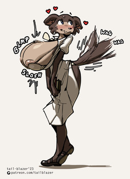 afterimage anthro big_breasts blush bodily_fluids bottomwear breast_expansion breasts brown_body brown_fur cleavage cleavage_overflow clothed clothing clothing_lift expansion female fur heart_symbol huge_breasts raised_bottomwear raised_clothing raised_skirt simple_background skirt skirt_lift slosh sloshing_breasts solo sweat tail tail_motion tailwag underwear tail-blazer beastars juno_(beastars) canid canine canis mammal wolf 2023 hi_res