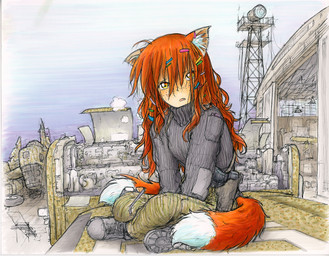 2_tails accessory boots bottomwear breath clothing cute_fangs fangs female footwear freckles grey_clothing grey_sweater grey_topwear hair hair_accessory industrial_architecture looking_at_viewer multi_tail open_mouth outside pants red_hair shoes sitting solo sweater tail teeth topwear fred_gallagher megatokyo yakugashi_(megatokyo) animal_humanoid canid canid_humanoid canine canine_humanoid fox_humanoid humanoid mammal mammal_humanoid 2017 hi_res