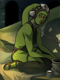 blush breasts clothing collar eyebrows eyelashes feet female fishnet_clothing footwear green_body green_skin grey_eyes lekku_(anatomy) metal_collar not_furry pillow sandals shoes sitting solo tear_trough wariza msperoni star_wars oola alien alien_humanoid humanoid hutt twi'lek 2026 3:4 hi_res