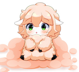 ambiguous_gender blush chibi cloven_hooves feral fur green_eyes hooves open_mouth pink_body pink_fur solo young young_feral nakigara bovid caprine mammal sheep 2020 hi_res