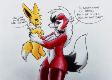 anthro breasts clothing collar duo eyewear female feral glasses legwear male male/female rectangular_glasses stockings text vaultvulpine nintendo pokemon honey_(hindsy) pancake_(hindsy) eeveelution generation_1_pokemon generation_7_pokemon jolteon lycanroc midnight_lycanroc pokemon_(species) english_text