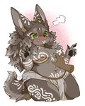 anthro belly big_breasts big_ears black_nose black_pawpads blush blush_lines bodily_fluids breasts cheek_tuft claws clothed clothing countershade_face countershade_torso countershading disembodied_hand ears_up facial_markings facial_tuft female fur green_claws green_eyes grey_body grey_fur grey_tail head_markings mane markings overweight overweight_anthro overweight_female pawpads simple_background solo spiral_eyes tail tears topless topless_female towel towel_around_waist trying_not_to_laugh tuft white_background white_markings kanakolu_umi canid canine canis mammal wolf hi_res