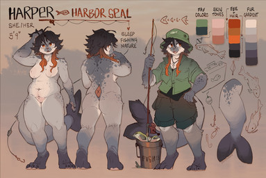 anthro belly big_tail black_hair bottomwear breast_tuft breasts bucket butt cheek_tuft clothed clothing collared_shirt color_swatch container countershade_snout countershading dress_shirt facial_tuft featureless_breasts featureless_crotch female fin fishing_hat fishing_rod freckled_face freckles fur green_clothing green_hat green_headwear green_shirt green_topwear grey_body grey_bottomwear grey_clothing grey_fur grey_shorts hair hat headgear headwear highlights_(coloring) holding_object jewelry markings medium_breasts navel necklace nude nude_anthro nude_female orange_highlights overweight overweight_anthro overweight_female pawpads pink_pawpads pronouns shirt shorts snout solo spots spotted_body stated_height tail tail_fin text thick_thighs topwear tuft conditional_dnp knives4cats harper_(knives4cats) fish harbor_seal mammal marine pinniped seal 2025 character_name english_text model_sheet species_name