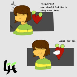 ambiguous_gender ball brown_hair clothing dialogue duo eyes_popping_out hair heart_symbol hidden_eyes onomatopoeia pattern_clothing pattern_shirt pattern_topwear shirt simple_background sound_effects striped_clothing striped_shirt striped_topwear stripes tan_body tennis_ball text topwear luckyhomie deltarune undertale_(series) kris_dreemurr lucky_(luckyhomie) human mammal soul_(undertale) 1:1 absurd_res colored comic digital_media_(artwork) english_text hi_res signature