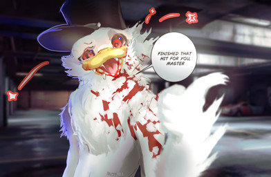 anthro black_clothing black_hat black_headwear blood blood_in_mouth bodily_fluids clothing detailed_background feathers gesture hand_gesture hat headgear headwear hypnosis hypnotic_eyes light looking_at_viewer male male_anthro mind_control open_mouth pink_tongue pointing_to_the_side ringed_eyes solo speech_bubble spiral talking_to_viewer text thumbs_up tongue white_body white_feathers boxwater vulcan_(boxwater) anatid anseriform avian bird duck 2025 digital_media_(artwork) digital_painting_(artwork) english_text half-length_portrait hi_res lighting painting_(artwork) portrait shaded