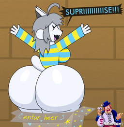 anthro big_butt box butt clothed clothing container dialogue eyes_closed female female_anthro fur grey_hair hair half_naked happy huge_butt male multicolored_clothing multicolored_shirt multicolored_topwear open_mouth pattern_clothing pattern_shirt pattern_topwear rear_view shirt smile solo striped_clothing striped_shirt striped_topwear stripes surprised text thick_thighs topwear white_body white_fur mistermisterwastaken arm_wrestling_(nintendo) undertale undertale_(series) money_holder_(character) temmie_(undertale) human mammal tem temmie_(species) 2025 digital_media_(artwork) english_text pixel_(artwork)