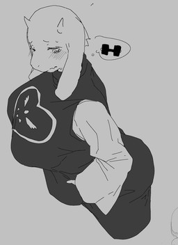 anthro big_breasts big_ears biped blush bodily_fluids breasts clothed clothing eyebrows female fingers floppy_ears grey_background high-angle_view horn mouth_closed pupils simple_background solo sweat thought_bubble meckmeck00124 undertale_(series) toriel boss_monster_(undertale) bovid caprine goat mammal hi_res monochrome