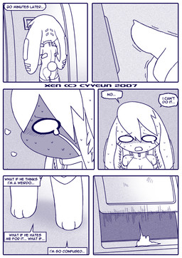 anthro blush bodily_fluids border breasts butt dialogue facial_markings feet female female_anthro floppy_ears forehead_markings head_markings hindpaw huge_ears kemono lop_ears machine markings nervous nervous_sweat onomatopoeia open_mouth paws scut_tail short_tail solo sound_effects speech_bubble standing sweat tail tears text white_border cyyeun xen_(series) fio_(xen) lagomorph leporid mammal rabbit robot robot_anthro 2007 blue_and_white blue_monochrome comic dated english_text monochrome