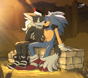 5_fingers anthro biped black_body black_boots black_clothing black_footwear black_fur black_gloves black_handwear black_nose black_shoes blue_body blue_fur boots clothing cuddling duo eyes_closed fingers footwear forest forest_background french_kissing fur gloves hair handwear kiss_on_lips kissing light light_beam male male/male markings multicolored_body multicolored_clothing multicolored_footwear multicolored_fur multicolored_shoes nature nature_background outside plant red_clothing red_footwear red_shoes romantic shoes sign sitting sunbeam sunlight sunset tree two_tone_body two_tone_clothing two_tone_footwear two_tone_fur two_tone_shoes white_body white_clothing white_footwear white_fur white_gloves white_hair white_handwear white_markings white_shoes toodamncycle sega sonic_forces sonic_the_hedgehog_(series) infinite_(sonic) sonic_the_hedgehog canid canine canis eulipotyphlan hedgehog jackal mammal 2025 absurd_res cel_shading digital_drawing_(artwork) digital_media_(artwork) hi_res shaded signature