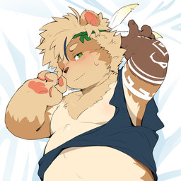 4_fingers adolescent anthro bed_sheet bedding blush fingers green_eyes looking_at_viewer lying male on_back slightly_chubby slightly_chubby_male solo young young_male mrshu bear mammal 1:1 2024 hi_res