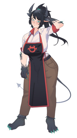 4_toes apron barista belt black_body black_fur black_hair blush bottomwear clothing eyebrows eyelashes feet female fur hair hand_behind_head horn long_hair looking_at_viewer pants ponytail shirt simple_background smile solo toes topwear white_background white_body white_fur harufeng imp_kiss_(mutecynic) animal_humanoid bovid bovid_humanoid bovine bovine_humanoid cattle_humanoid demon humanoid mammal mammal_humanoid 2022 absurd_res hi_res