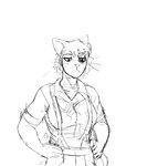 anthro black_eye_(injury) bruised clothed clothing female hands_on_hips simple_background solo standing suspenders hladilnik cat_knight domestic_cat felid feline felis mammal 2021 comic hi_res monochrome sketch