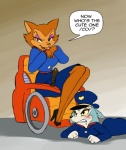 angry anthro blush breasts butt clothed clothing disability duo female footwear high_heels looking_at_viewer motorized_wheelchair paraplegic police shoes smile text vehicle wheelchair chochi patrol_03 carmen_(patrol_03) pamela_bondani domestic_cat felid feline felis mammal english_text