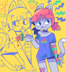 3_toes anthro band-aid bandage bangs barefoot blep breasts choker cleavage clothed clothing feet female food fruit jewelry kneeling melon necklace paws pigtails plant popsicle sleeves solo toes tongue tongue_out watermelon graskip cc-by-nc creative_commons terri_(graskip) domestic_cat felid feline felis mammal 2021 aliasing colorful_theme digital_media_(artwork)