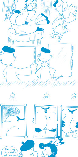 anthro beak beret big_breasts breast_focus breasts clothed clothing college curvy_figure ear_piercing featureless_breasts female food fruit hand_on_breast hat headgear headwear huge_breasts humor jewelry markings mole_(marking) necklace non-mammal_breasts nude open_mouth painting_(object) piercing plant sad school smile tail tail_under_skirt text the_truth voluptuous wide_hips unknown_artist condorito_(series) la_pavita_pechugona pepo_(copyright) condorito pavita_pechugona accipitriform avian bird galliform phasianid turkey vulture blue_and_white comic english_text hi_res monochrome source_request