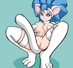 4_toes barefoot barely_visible_genitalia barely_visible_pussy big_breasts blue_eyes blue_hair breasts crouching feet female front_view fur genitals hair nude pussy simple_background solo tail tail_between_legs teal_background toes white_body white_fur noise_(artist) capcom darkstalkers felicia_(darkstalkers) animal_humanoid humanoid cel_shading shaded