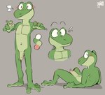 anthro balls blush feet flaccid foreskin genitals green_body grey_background humanoid_genitalia humanoid_hands humanoid_penis male navel nude penis simple_background smile solo sodacaps amphibian frog model_sheet