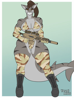 abs anthro armwear big_breasts bikini black_sclera boots bra breast_squish breasts brown_hair camo camo_bikini camo_bra camo_clothing camo_elbow_gloves camo_print camo_swimwear camo_thigh_highs camo_thong camo_topwear camo_underwear claws clothed clothed_anthro clothed_female clothing elbow_gloves eyebrows eyelashes eyeshadow female finger_claws footwear gloves grey_body grey_stripes gun hair handwear holding_gun holding_object holding_ranged_weapon holding_rifle holding_weapon legwear long_hair looking_at_viewer makeup multicolored_body muscular muscular_anthro muscular_female pattern_armwear pattern_bikini pattern_bra pattern_clothing pattern_swimwear pattern_topwear pattern_underwear ponytail ranged_weapon rifle scope shark_tail sharp_teeth shoes silencer smile solo squish stripes swimwear tail tall_boots teeth thick_thighs thigh_highs thigh_squish topwear two-piece_swimsuit two_tone_body underwear weapon wide_hips yellow_eyes yeyeialba karoline_(tiger74005) aquatic fish requiem_shark shark tiger_shark 2026 absurd_res digital_drawing_(artwork) digital_media_(artwork) flat_colors hi_res signature