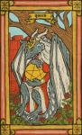 anthro biped breasts card card_template clothed clothing detailed_background female fortune_telling holding_object horn membrane_(anatomy) membranous_wings minor_arcana occult_symbol outside pentacle pentacles_(tarot) plant queen_of_pentacles_(tarot) sitting sky solo symbol tail tarot tarot_card text tree wings musorok mythology xyria dragon mythological_creature mythological_scalie scalie digital_media_(artwork) english_text