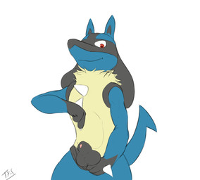 animal_genitalia anthro anthrofied balls beckoning biped black_balls bottomwear bottomwear_pull clothed clothing clothing_pull front_view genitals gesture grin hand_gesture looking_at_viewer male nude pants pants_pull penis penis_tip pointing pointing_at_penis pose sheath smile solo standing tail topless seyrmo nintendo pokemon canid canine generation_4_pokemon lucario mammal pokemon_(species) flat_colors pinup source_request