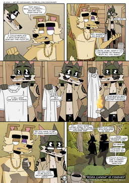 anthro black_nose clothed clothing detailed_background dialogue duo female forest forest_background fur hair male male/female nature nature_background plant profanity simple_background smile tail text tree ozzymandy canid canine canis domestic_dog mammal 2025 2026 absurd_res comic digital_drawing_(artwork) digital_media_(artwork) english_text hi_res