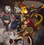 anthro bar bar_stool clothing costume female furniture group halloween_party male solo_cup stool tail edesk mythology dusty_(dusty_the_lion) zaccai_(sparkinstripes) zaxpherose zeva_(dusty_the_lion) dragon felid lion mammal mythological_creature mythological_scalie pantherine scalie tiger hi_res