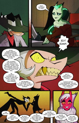 angry anthro bed blush boots bottomwear breasts clenched_teeth clothed clothed_anthro clothed_female clothed_humanoid clothed_male clothing cowboy_hat dialogue dress female fingerless_gloves flashback footwear furniture gloves gold_(metal) gold_tooth grey_hair group hair handwear hat headgear headwear horn jacket male male/female on_bed pants red_body red_skin shoes sitting sitting_on_bed speech_bubble sweater tan_body tan_skin teeth text topwear white_hair yellow_eyes swain_(artist) hellaverse helluva_boss glam_(helluva_boss) striker_(helluva_boss) avian avian_demon demon fish humanoid hybrid imp mammal marine comic english_text hi_res