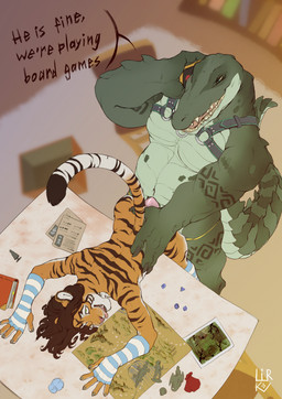 anal anal_penetration anthro bent_over cellphone clothing dialogue duo electronics erection from_behind_position fur genitals legwear male male/male male_penetrated male_penetrating male_penetrating_male open_mouth over_table pattern_clothing pattern_legwear penetration penile penis phone sex smartphone standing striped_clothing striped_legwear stripes tail teeth text lirkov crocodile crocodilian felid feline felis mammal pantherine reptile scalie tiger digital_media_(artwork) english_text hi_res