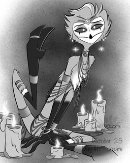 anthro avian_feet beak candle candlelight chest_tuft collar cuff_(restraint) feathers jewelry jewelry_only light looking_at_viewer male mostly_nude mouth_closed multi_eye nude restraints ring shackles sitting smile smiling_at_viewer solo spread_legs spreading text tuft atimon hellaverse helluva_boss stolas_(helluva_boss) avian demon 2025 4:5 hi_res monochrome signature