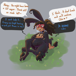 anthro breasts breath brown_body buckteeth bulge collar dialogue duo egg eyewear glasses grass gynomorph implied_oviposition implied_transformation intersex nipples plant pregnant red_eyewear red_glasses sitting smile tail teeth text cinnamimi samantha_(cinnamimi) bear goo_creature lagomorph leporid mammal rabbit symbiote 1:1 2025 absurd_res digital_media_(artwork) english_text hi_res
