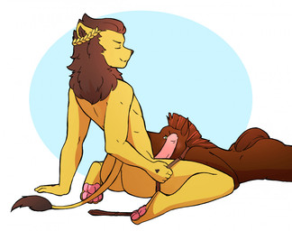 ambiguous_gender anthro brown_body brown_fur brown_hair collar crown duo erection eyes_closed fur genitals hair headgear heart_symbol humanoid_genitalia humanoid_penis laurel_wreath leash leash_pull male male/ambiguous mane monotone_body monotone_fur pawpads paws penis pink_penis yellow_body yellow_fur evenesko.d.fox morgdl bilyonaire equid equine felid horse lion mammal pantherine 2d_animation animated motion_tweening