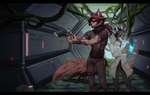 5_fingers anthro antlers black_bars clothed clothing duo fingers horn male red_eyes smile etsu_cuprumfox canid canine deer mammal 2021 digital_media_(artwork) hi_res letterbox