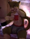 anthro balls beverage big_balls biped bulge clothed clothing coffee fur genitals hair male open_mouth penis solo topless underwear waking_up vodcat vod_(vodcat) domestic_cat felid feline felis mammal hi_res