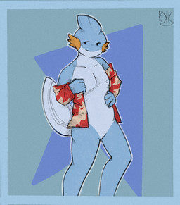 4_fingers aloha_shirt anthro biped black_eyes blue_background blue_body blue_border blue_nipples blue_skin blue_tail border bottomless bottomless_anthro bottomless_male clothed clothing collared_shirt countershade_face countershade_neck countershade_torso countershading dress_shirt featureless_crotch fin fingers head_fin looking_at_viewer male nipples pattern_clothing pattern_shirt pattern_topwear red_clothing red_shirt red_topwear removing_shirt shirt shirt_only simple_background slim solo standing tail tail_fin topwear topwear_only undressing kickingkeldeo nintendo pokemon roy_(luketm) generation_3_pokemon mudkip pokemon_(species) 2025 dated digital_drawing_(artwork) digital_media_(artwork) film_grain hi_res signature