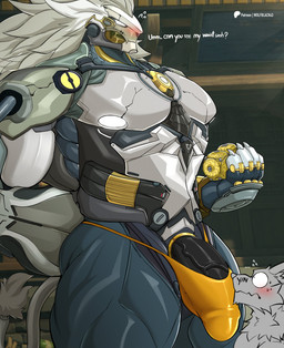 abs anthro balls baoding_balls barely_contained barely_contained_penis becoming_erect big_muscles big_pecs blush bodily_fluids bulge clothed clothing detailed_bulge dialogue duo erection genitals glans hair holding_object humanoid_genitalia humanoid_penis looking_at_genitalia machine male muscular muscular_male muscular_thighs nipples pecs penis size_difference solo speedo speedo_only sweat swimwear tail tenting topless vein veiny_penis wolfblack43 mihoyo zenless_zone_zero banyue_(zenless_zone_zero) ych_(character) ambiguous_species canid felid lion mammal pantherine robot robot_anthro 2026 digital_drawing_(artwork) digital_media_(artwork) hi_res