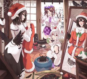 4_ears bare_shoulders big_breasts black_hair black_wings blush bottomwear breasts brown_hair checkered checkered_bottomwear checkered_clothing checkered_skirt christmas_clothing christmas_headwear clothed clothing feathered_wings feathers female furniture group hair hat headgear headwear holding_clothing holding_object holidays humanoid_pointy_ears inside jacket kotatsu mirror mirror_reflection multi_ear necktie open_mouth pattern_bottomwear pattern_clothing pattern_skirt pointy_ears purple_bottomwear purple_clothing purple_necktie purple_skirt red_clothing red_eyes red_hat red_headwear red_jacket red_topwear reflection santa_hat shirt short_hair sitting skirt standing table teapot tokin_hat topwear trio white_clothing white_hair white_shirt white_topwear wings edf_(pixiv) christmas touhou aya_shameimaru hatate_himekaidou momiji_inubashiri animal_humanoid avian avian_humanoid bird bird_humanoid canid canid_humanoid canine canine_humanoid corvid corvid_humanoid corvus_(genus) corvus_humanoid crow crow_humanoid humanoid mammal mammal_humanoid oscine passerine winged_humanoid wolf_humanoid hi_res