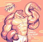 abs anthro biceps bottomwear clothed clothing duo feral humanoid_hands male muscular muscular_anthro muscular_male pecs scales shirtless shorts teeth text tongue white_bottomwear white_clothing white_shorts tofudumps chinese_zodiac new_year_2025 year_of_the_snake python reptile scalie snake 2025 english_text hi_res signature