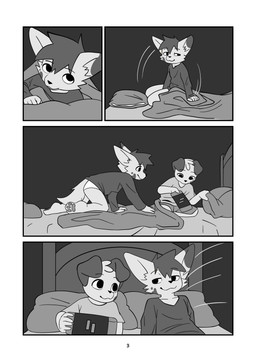 anthro bed bed_sheet bedding crawling duo emanata furniture kneeling kneeling_on_bed male on_bed pillow sitting sitting_on_bed young young_anthro young_male minishadefox nintendo nintendo_switch elliot_vance nico_florence canid canine canis domestic_dog mammal absurd_res black_and_white hi_res monochrome cousins_(lore)