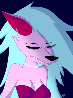 anthro blue_body blue_fur bodily_fluids breasts clothed clothing crying female fur pink_body sad simple_background solo tears vivzlover vivi_(vivzlover) canid canine canis mammal wolf 3:4 hi_res