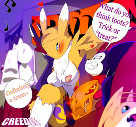 2_horns anthro arm_tuft armwear band-aid band-aid_on_nipple bandage biped black_body black_nose black_sclera blue_eyes blue_markings blush breasts bridal_gauntlets claws clothed clothing countershade_face countershade_torso countershading dialogue dipstick_ears duo ear_markings eye_markings female floppy_ears gloves gloves_(marking) grin handwear heart_symbol holidays horn leg_markings leg_over_thigh long_ears looking_at_another lop_ears male male/female markings mask medium_breasts multicolored_body multicolored_ears musical_note musical_symbol neck_tuft pupils red_clothing red_gloves red_handwear shoulder_tuft sitting skimpy slit_pupils smile socks_(marking) speech_bubble suggestive symbol text thigh_markings toe_claws tomoe_(symbol) tuft two_tone_body white_body white_countershading white_markings yellow_body creedle bandai_namco digimon halloween digimon_(species) impmon renamon terriermon 2025 english_text hi_res