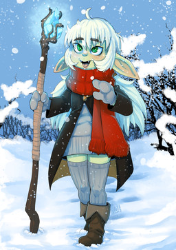 ahoge boots clothed clothing coat female footwear green_body green_eyes green_skin hair handwear holding_object holding_staff humanoid_pointy_ears legwear long_hair mittens not_furry open_mouth open_smile outside plant pointy_ears scarf shoes smile snow snow_on_trees snowing staff stockings sweater topwear tree white_hair winter nerdbayne mint_(soupabenju) goblin humanoid 2025 absurd_res hi_res