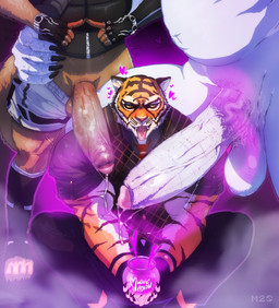 anthro armwear aroused aroused_face bag balls belly big_arms big_balls big_belly big_penis black_claws blush bodily_fluids bottomwear brown_body bulge claws clock clothing dripping elbow_gloves erection fangs feet fingertips_touching footwear fumes genital_fluids genitals glans gloves grabbing_waist group handwear heart_eyes heart_symbol holding_object huge_penis knee_highs knee_socks legwear long_penis love_potion male male/male muscular muscular_male navel necktie nude orange_body overweight overweight_male pants penis pink_glans pink_tongue pointy_ears precum precum_drip shaved shirt shorts shy simple_background sitting skinny_male small_balls socks standing stray_pubes stripes tail teeth tongue tongue_out topwear trio underwear vein veiny_penis watch white_body wide_hips wristwatch muranoshisoka epic_games fortnite oscar_(fortnite) polar_patroller wendell_(fortnite) bear canid canine canis felid mammal pantherine polar_bear tiger ursine wolf absurd_res colored hi_res shaded