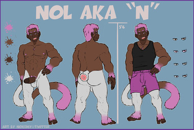 abs anthro athletic athletic_anthro athletic_male backsack balls biped border bottomwear butt clothed clothing color_swatch erection genitals grin hair hand_on_hip humanoid_genitalia humanoid_penis male multiple_angles nipples nude off/on pecs penis pink_hair pubes purple_border rear_view shirt shorts smile solo tank_top text topwear delicatessen haplorhine mammal monkey primate character_name flat_colors hi_res model_sheet signature