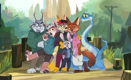 anthro blue_body bottomwear clothed clothing fangs feet female feral fingers fur grey_body grey_fur group group_photo holding_object looking_at_viewer male open_mouth orange_body outside pants pawpads shirt smile sweater tail teeth toes topwear vistrou disney zootopia gary_de'snake judy_hopps nick_wilde pawbert_lynxley canada_lynx canid canine canis felid feline fox lagomorph leporid lynx mammal pit_viper rabbit red_fox reptile scalie snake true_fox viper absurd_res digital_media_(artwork) hi_res
