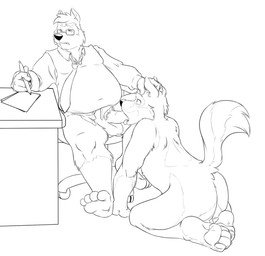 anthro balls belly clothing duo erection eyewear genitals glasses male male/male necktie oral overweight overweight_male penis shirt simple_background sitting student teacher teacher_and_student topwear white_background bravo canid canine canis coyote mammal procyonid raccoon 2015 monochrome sketch