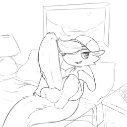 anthro bed bedroom bedroom_eyes big_penis bodily_fluids chibi clothing erection foreskin furniture genital_fluids genitals hair hair_over_eye hat headgear headwear holding_penis huge_penis humanoid_genitalia humanoid_penis hyper hyper_genitalia hyper_penis lamp leaning leaning_backward looking_at_viewer male narrowed_eyes nude nude_male on_bed painting_(object) penis precum presenting presenting_penis seductive smile smiling_at_viewer solo amphlow animal_crossing nintendo kicks_(animal_crossing) mammal mephitid skunk 1:1 hi_res monochrome sketch